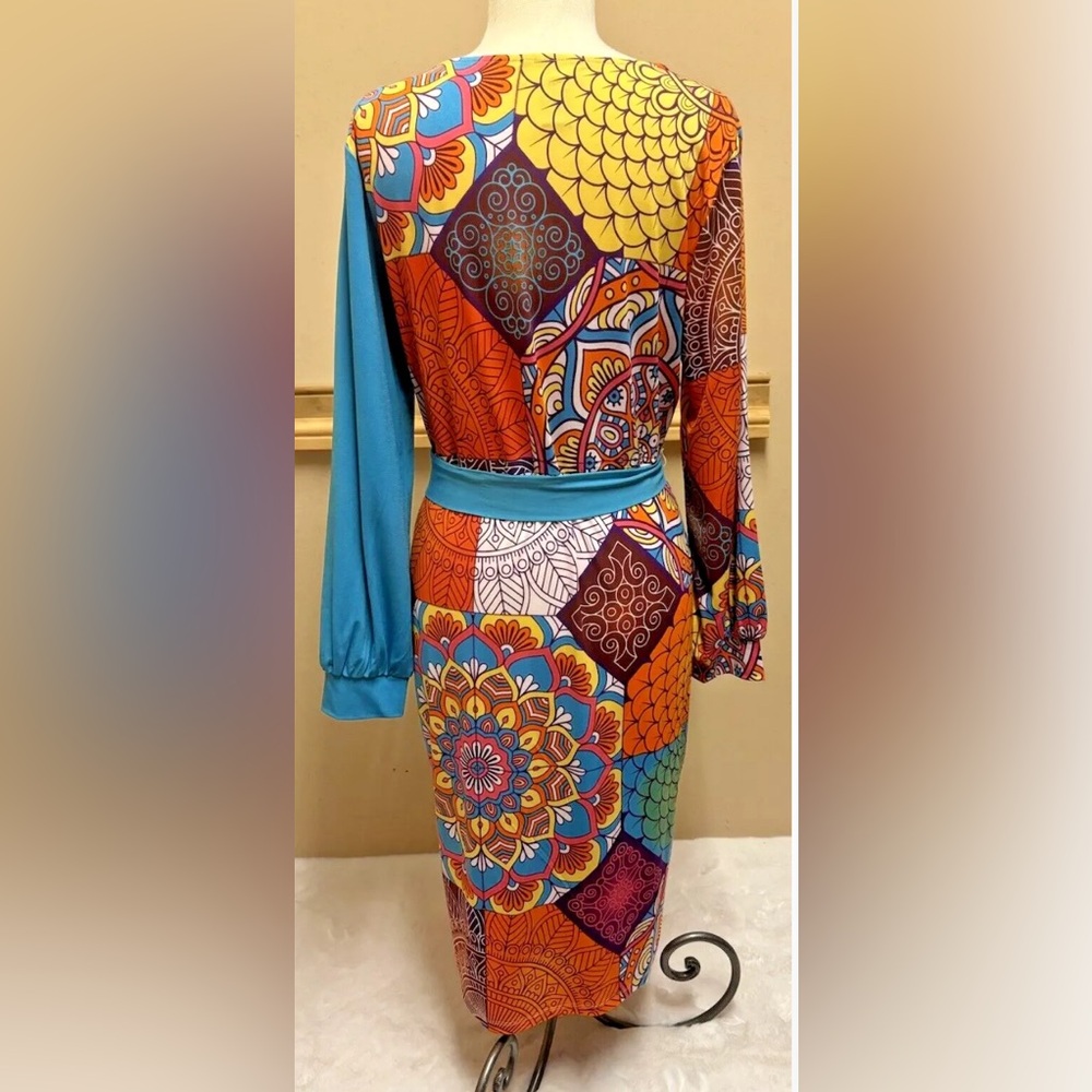 ASHRO Faux Wrap 2 Tone Boho Hippie Mod Print Midi Dress SZ L - Picture 7 of 10